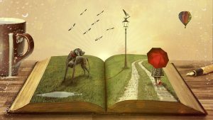 Book is open to reveal a scene with grass, a path, lamp post, dog, and girl with red umbrella