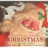 This is the cover for THE NIGHT BEFORE CHRISTMAS, a picture book of the classic children's poem. It shows a closeup of Santa's head. A sprig of holly adorns Santa's hat, and smoke curls up behind him as he winks at the viewer.