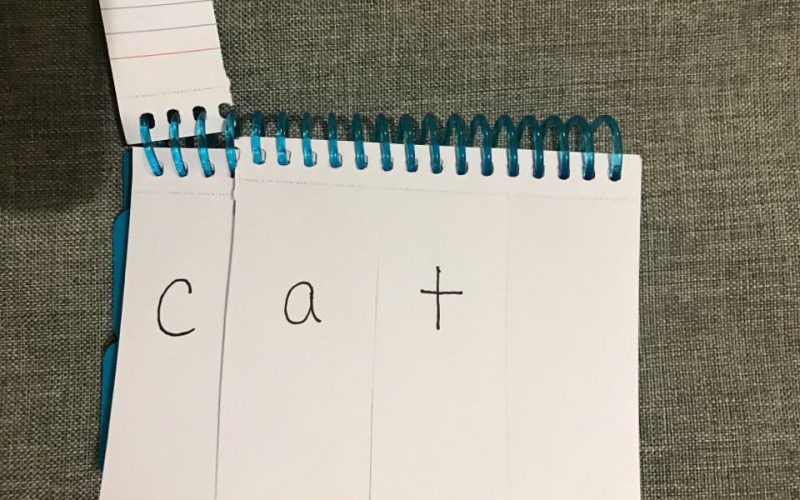 A phonics flip book showing the word "cat."