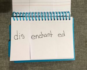 A phonics flip book page that says "disenchanted"